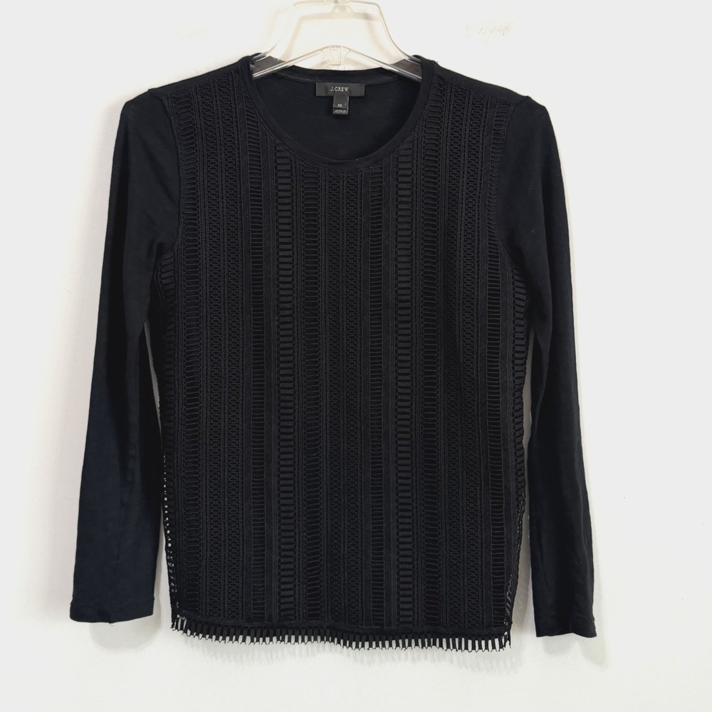 J Crew Top Shirt XS Layer Lace Crochet Long Sleeve Tee Preppy Black Casual Party